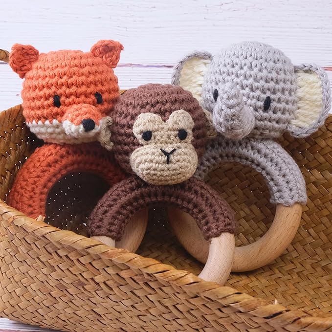 Joliecraft Safari Animals Wooden Baby Rattle Toys Stuffed Crochet Rattle with Teether Ring for Newborn, Gray Elephant