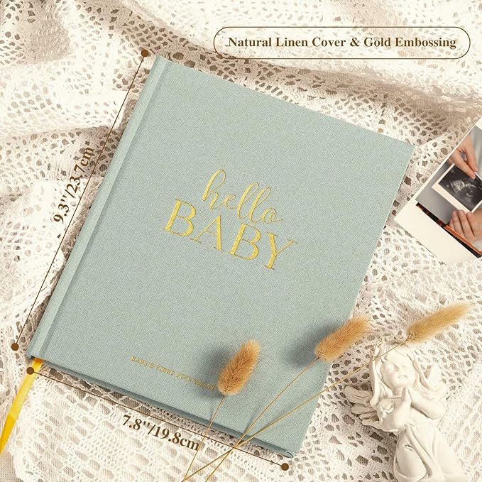Lanpn Hello Baby First 5 Year Memory Book for Boy Girl - Linen Hardcover Baby Book Keepsake for New Parents - Newborn Baby Journal Scrapbook Photo Album Baby Milestone Book (Sage Green, 154 Pages)