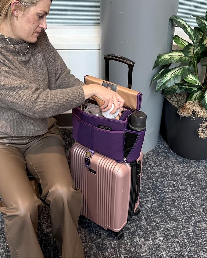 Sarah Wells Stroller Caddy & Pump Bag – Insulated Neoprene Diaper Organizer with Crossbody Strap, Machine Washable, Luggage Sleeve – Fits Single & Double Strollers (Purple)