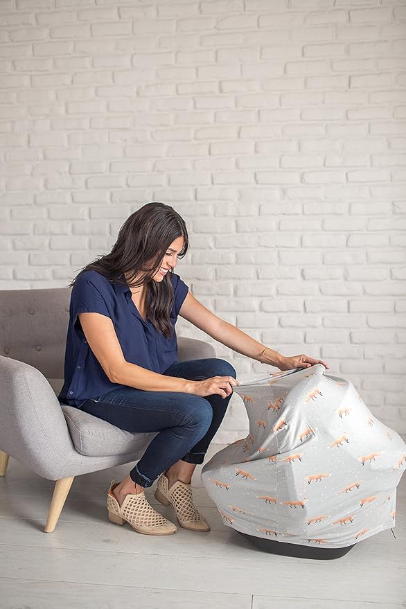 Baby Car Seat Cover Canopy and Nursing Cover Multi-Use Stretchy 5 in 1 Gift Grey with Foxes Copper by Copper Pearl