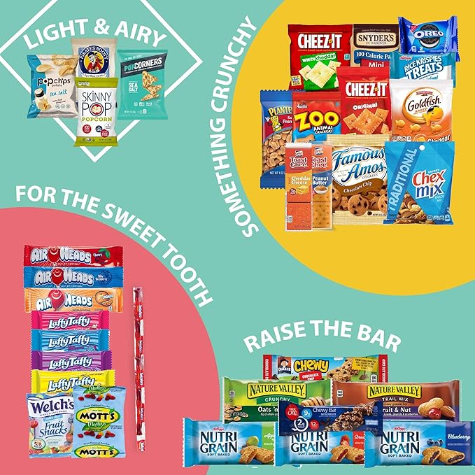 Gift A Snack - Back to School/Off to College Snack Box Variety Pack Care Package + Greeting Card (150 Count) Birthday Sweet Treats Gift Basket, Candies Chips Crackers Bars, Office Food Assortments