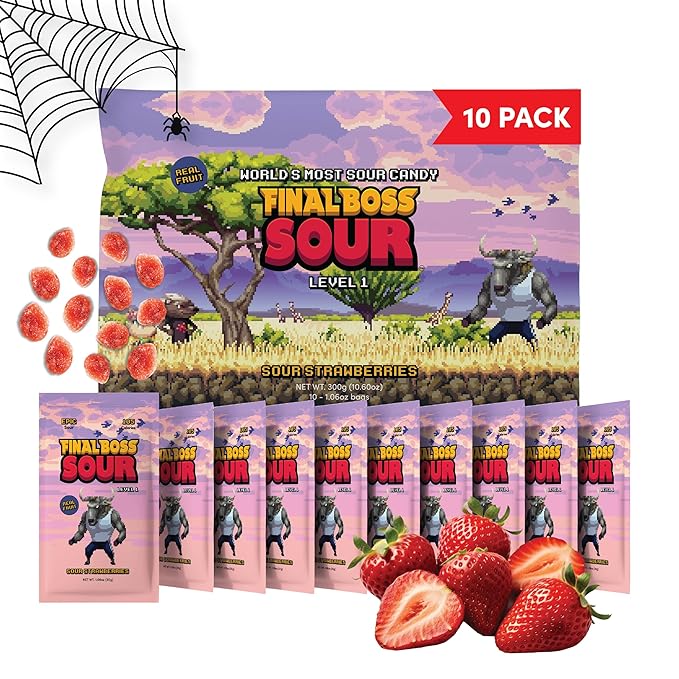 Final Boss Sour Candy, Sour Strawberries, 10 Pack, Level 1, Fruit Chews with Real Dried Fruit, No Artificial Colors or Flavors, Low Calorie Snack for Kids, Teens, Adults, Lunch Boxes & On The Go