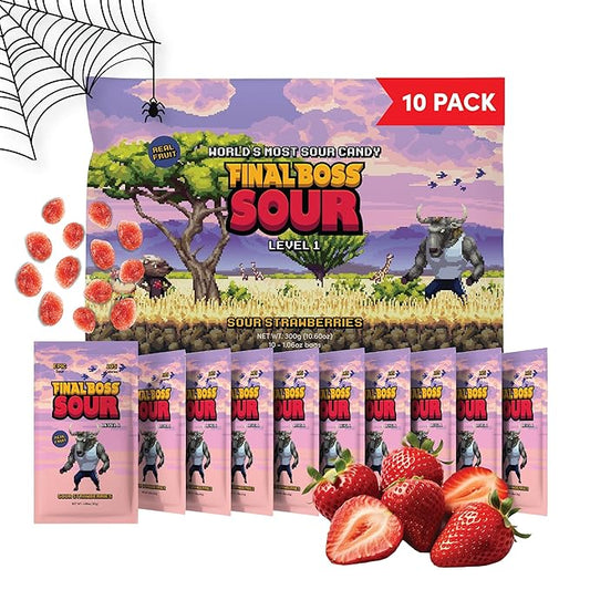Final Boss Sour Candy, Sour Strawberries, 10 Pack, Level 1, Fruit Chews with Real Dried Fruit, No Artificial Colors or Flavors, Low Calorie Snack for Kids, Teens, Adults, Lunch Boxes & On The Go