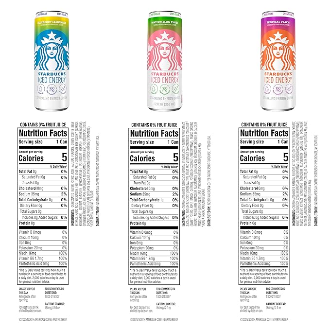 Starbucks Iced Energy Drink, 3 Flavor Variety Pack (Tropical Peach, Watermelon Splash, Blueberry Lemonade), Zero Sugar Energy Drink, Plant Based Caffeine, Hydration, Mental Clarity, 12 Fl Oz Cans (Pack of 12)