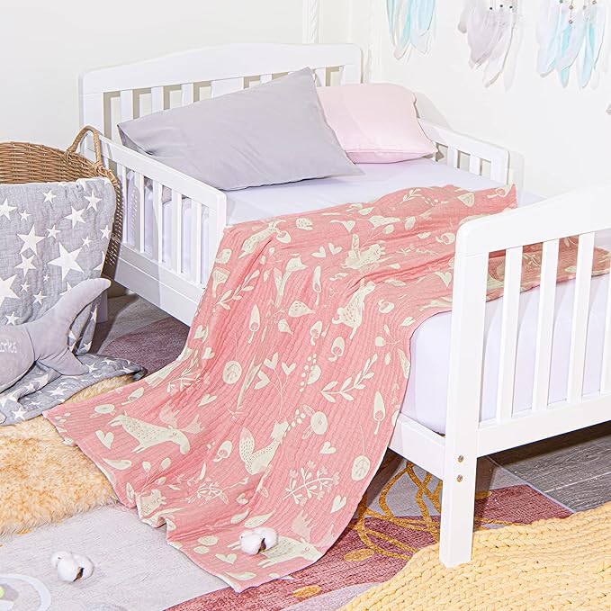 NTBAY 3 Layer Toddler Blanket, Muslin Cotton Jacquard Bed Blankets, Lightweight Thermal Baby Blanket, Super Soft and Warm Crib Blanket for All Seasons, Decoration Gift, 45"x60", Pink Owl