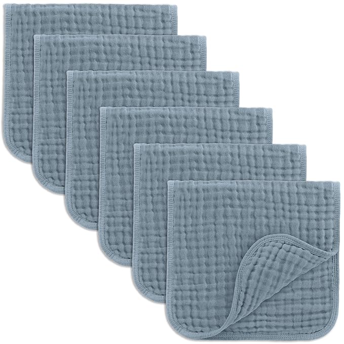 Comfy Cubs Muslin Burp Cloths 20" x 10", Pack of 6 - Large, 6-Layer, Ultra Absorbent 100% Cotton for Baby Drool and Messes - Soft, Safe & Gentle Baby Burp Cloths Set for Boys & Girls - Pacific Blue