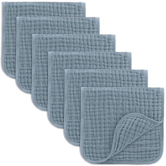 Comfy Cubs Muslin Burp Cloths 20" x 10", Pack of 6 - Large, 6-Layer, Ultra Absorbent 100% Cotton for Baby Drool and Messes - Soft, Safe & Gentle Baby Burp Cloths Set for Boys & Girls - Pacific Blue