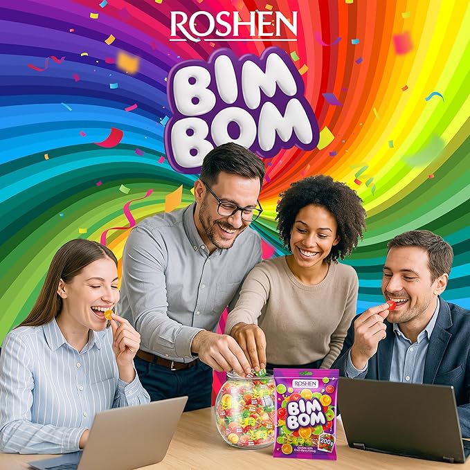 Roshen Bim Bom Hard Candy – Assorted Fruit & Berry Filled Candies, Individually Wrapped, 7.05 oz (200g), Pear, Pineapple, Strawberry, Tutti-Frutti – Kosher & Halal