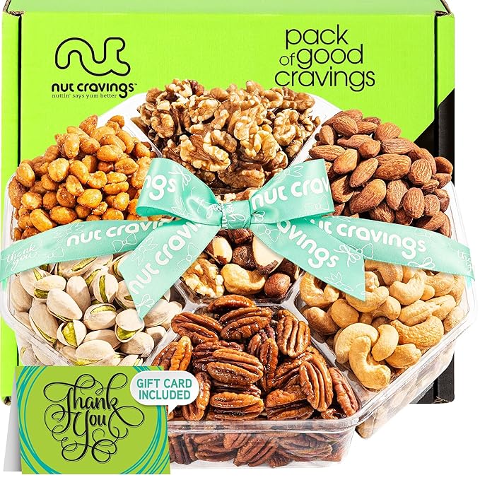NUT CRAVINGS Gourmet Collection - Thank You Appreciation, Nuts Gift Basket with Thank You Ribbon + Greeting Card (7 Assortments) Food Platter, Healthy Snack Care Package, Food Assortments