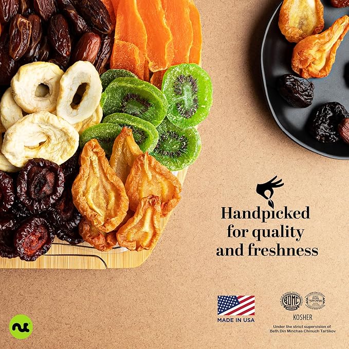 NUT CRAVINGS - Rosh Hashana & Shana Tova Dried Fruit Flower Arrangement in Wooden Apple-Shaped Gift Basket + Tray (9 Assortment) Healthy Snack Care Package, Food Assortments