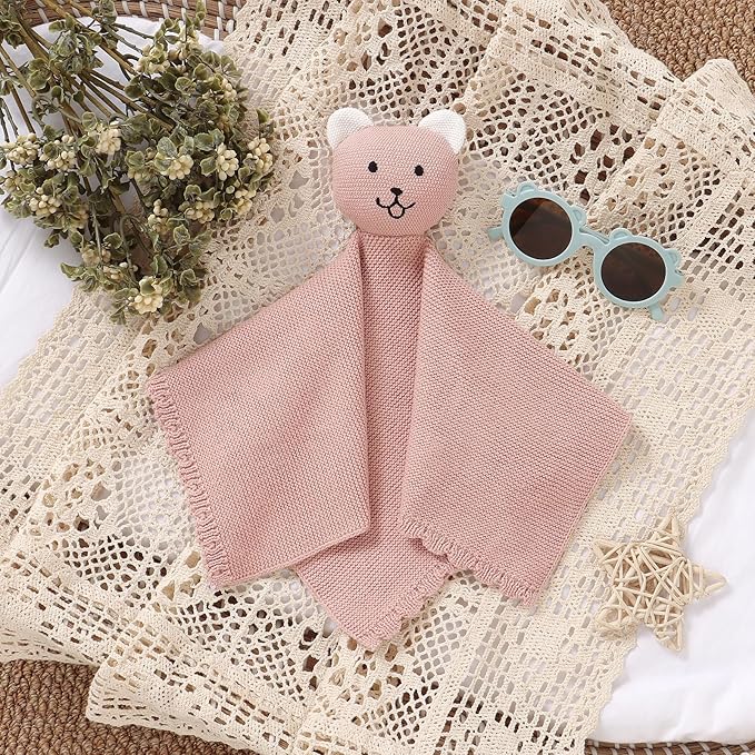 LAWKUL Baby Blanket Bear Lovey Soft Cuddly Security Blanket for Newborns Infants Boy Girl Knit Snuggle Comfort Pink 16x16in