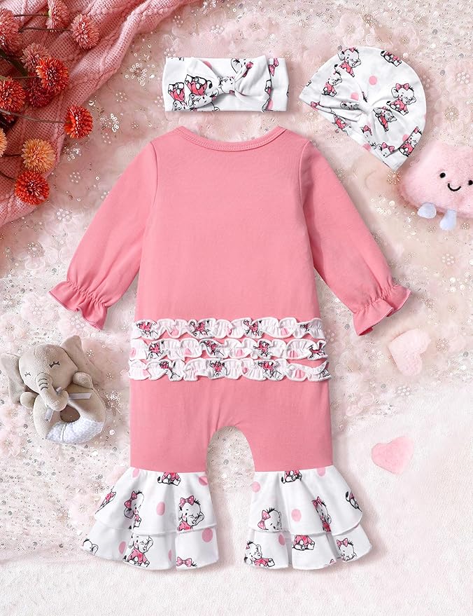 AGAPENG Newborn Girl Clothes Ruffle Letter Print Romper Infant Bell Bottom Jumpsuit Boho Baby Girl Clothes with Headband Hat