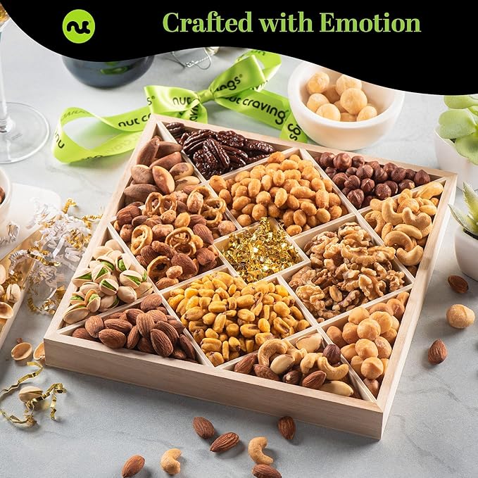 NUT CRAVINGS - Mixed Nuts Gift Basket in Reusable Diamond Wooden Tray + Green Ribbon (12 Assortments) Food Arrangement, Healthy Snack Care Package, Food Assortments