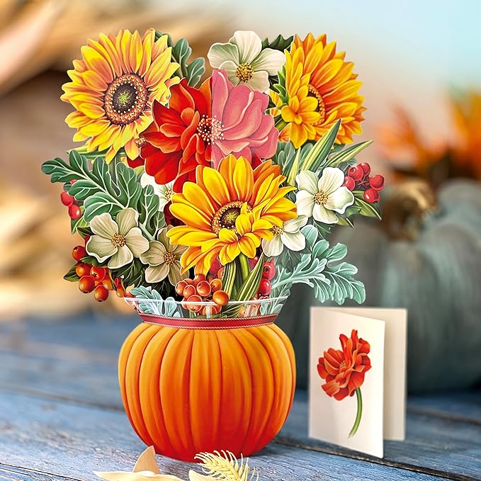 Freshcut Paper Pop Up Cards, Pumpkin Harvest, 12 Inch Life Sized Forever Flower Bouquet 3D Popup Greeting Card, Autumn Cards, Birthday Card, Blank Notecard & Envelope