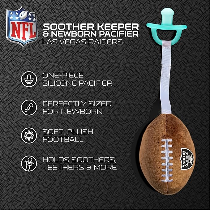 Las Vegas Raiders Plush Football Pacifier Holder with Newborn Paci by Smilo - Officially Licensed NFL Soother Holder - Soft Plush Toy and Binky - Fits Any Pacifier - NFL Baby Essential