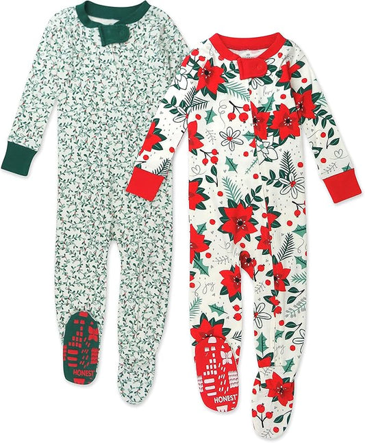 HonestBaby Non-Slip Footed Holiday Pajamas One-Piece Sleeper Zip-Front PJs Organic Cotton for Baby Boys, Girls, Unisex