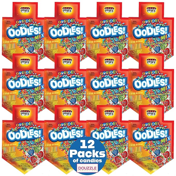 DOUzzle Hanukkah Candy Dreidels for Kids, Dreidel Shaped Oodles, MIX Falvors Tiny Tangy Fruity Chews (Pack of 1) Hanukah Party Favors, Happy Chanuka Sweet Treat & Gifts - Kosher Parve