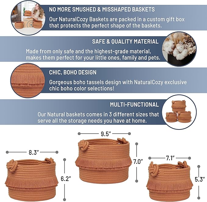 NaturalCozy 3-Piece Boho Decor Storage Basket Set – Cotton Rope Woven Baskets for Organizing! Small Basket for Baby Stuff, Baby Shower, Gift Basket, Nursery Baby Basket, Planter, Toy Basket, Shelves