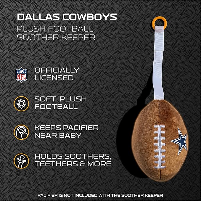 Dallas Cowboys Plush Football Pacifier Holder by Smilo - Officially Licensed NFL Soother Holder - Soft Plush Toy and Dummy Holder - Fits Any Pacifier - Stroller Accessory & Newborn Essential