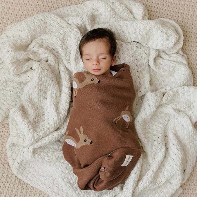 Knit Baby Swaddling Blanket - 100% Cotton Lightweight Soft Cozy Receiving Swaddle Stroller Quilt Blanket for Shower Gift Registry for Newborns, Infants, Toddlers (Deer - Mocha)