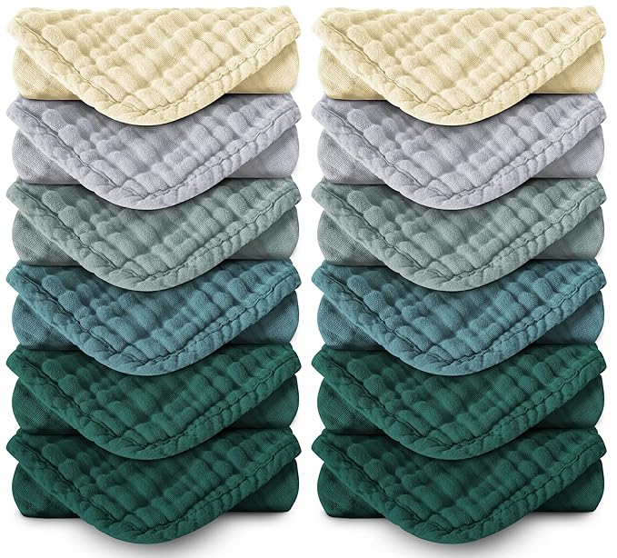 Muslin Burp Cloths 100% Cotton Large 20''x10'' Extra Soft and Absorbent Baby Wash Cloths Spit Up Rags - Baby Burping Cloth for Boys Girls Items(12 Pack Ivory, Slate and Emerald Series)