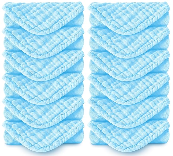 Muslin Burp Cloths 100% Cotton Large 20''x10'' Extra Soft and Absorbent Baby Wash Cloths Spit Up Rags - Baby Burping Cloth for Boys Girls Items(12 Pack Aquamarine)