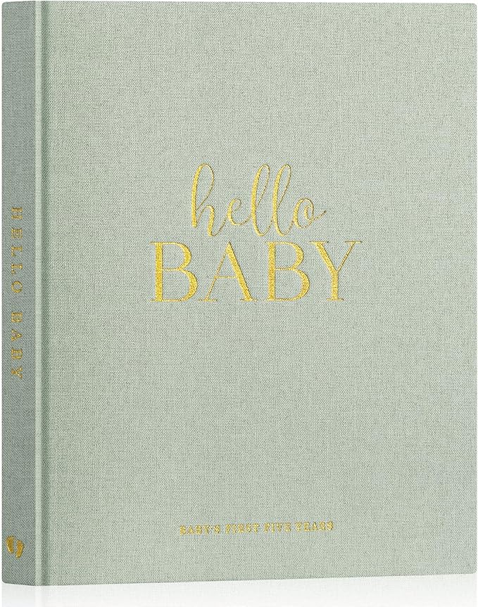 Lanpn Hello Baby First 5 Year Memory Book for Boy Girl - Linen Hardcover Baby Book Keepsake for New Parents - Newborn Baby Journal Scrapbook Photo Album Baby Milestone Book (Sage Green, 154 Pages)