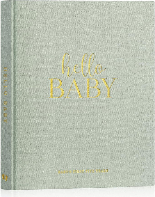 Lanpn Hello Baby First 5 Year Memory Book for Boy Girl - Linen Hardcover Baby Book Keepsake for New Parents - Newborn Baby Journal Scrapbook Photo Album Baby Milestone Book (Sage Green, 154 Pages)