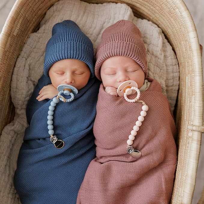 Luxe Collection 100% Organic Cotton Luxury Knit Baby Blanket + Hat Set (Denim Blue)