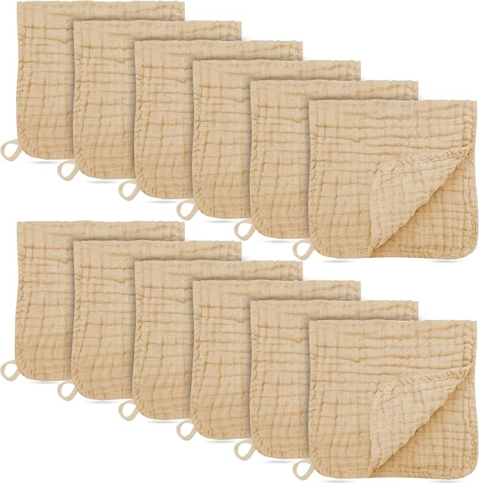 12 Pack Muslin Burp Cloths - Large 20" x 10", Ultra Absorbent 100% Cotton for Baby Drool and Messes - Soft, Gentle Baby Burp Rag for Boys & Girls -Brown