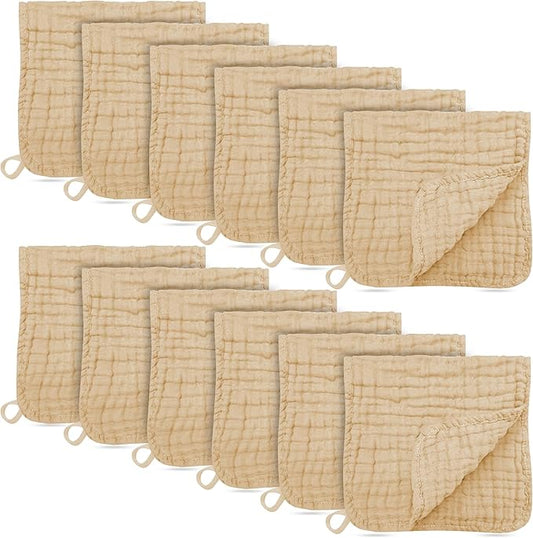 12 Pack Muslin Burp Cloths - Large 20" x 10", Ultra Absorbent 100% Cotton for Baby Drool and Messes - Soft, Gentle Baby Burp Rag for Boys & Girls -Brown