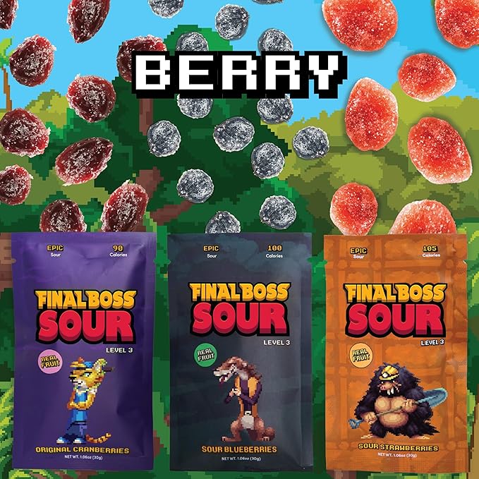 Final Boss Sour Candy, Variety Pack, 6 Packs, Level 3, Extreme Sour Fruit Chews with Real Dried Fruit, No Artificial Colors or Flavors, Low Calorie Snack for Kids, Teens, Adults & On the Go