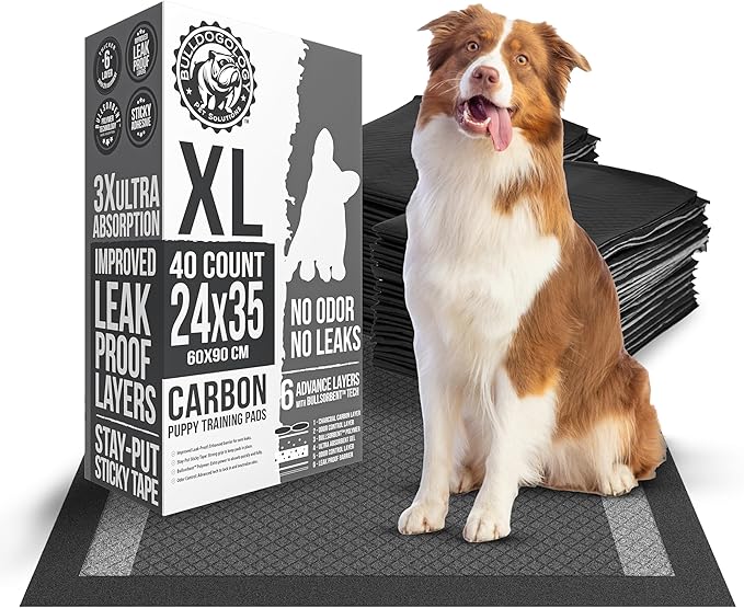 Bulldoglogy Carbon Black XL Dog Pee Pads for Extra Large Dogs with Adhesive Sticky Tape - Extra Large Charcoal Housebreaking Dog Pee Pads Disposable (24x35) (40-Count, Black)