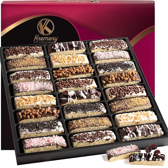 KREMERY Creamy Chocolate Cravings - Chocolate Covered Biscotti Cookies Gift Basket, in Elegant Gift Box (24 Biscotties, Assorted Sweet Toppings) Food Assortments USA Made