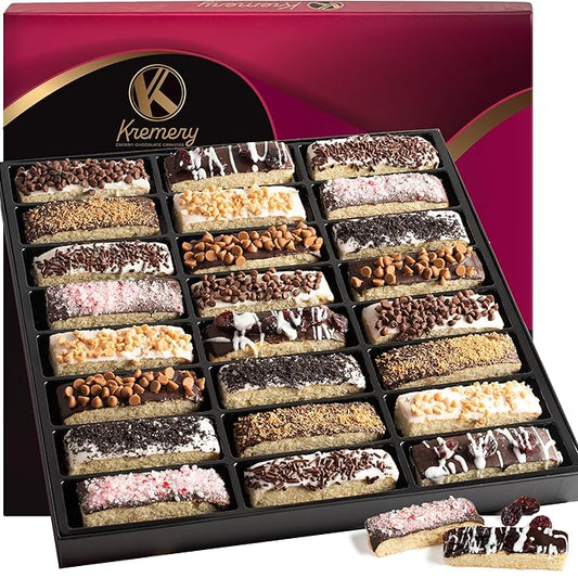 KREMERY Creamy Chocolate Cravings - Chocolate Covered Biscotti Cookies Gift Basket, in Elegant Gift Box (24 Biscotties, Assorted Sweet Toppings) Food Assortments USA Made