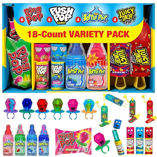 Candy Variety Pack, 18 Count Assorted Lollipops, Bulk Individually Wrapped Ring Pop, Push Pop, Baby Bottle Pop & Juicy Drop, Ideal for Birthdays, Party Favors for Kids & Hard Candy Gifts