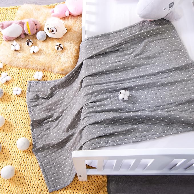 NTBAY 3 Layer Toddler Blanket, Muslin Cotton Jacquard Bed Blankets, Lightweight Thermal Baby Blanket, Super Soft and Warm Crib Blanket for All Seasons, Decoration Gift, 45"x60", Grey Dot