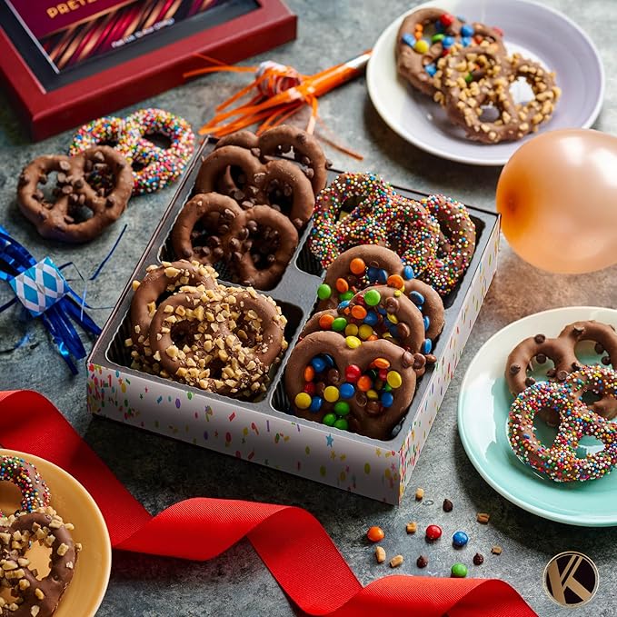 KREMERY Creamy Chocolate Cravings - Chocolate Covered Pretzel Twists Gift Basket, in Brown Gift Box (12 Pretzels, Assorted Sweet Toppings) Food Arrangement, Food Assortments USA Made