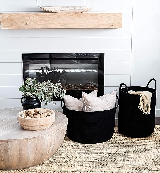 OrganiHaus Large Laundry Basket, Woven Cotton Rope Basket for Blankets, Toy Storage, Nursery Hamper, Living Room Decor Organizer, Soft & Durable Hamper with Handles, 15x18 inches - Black