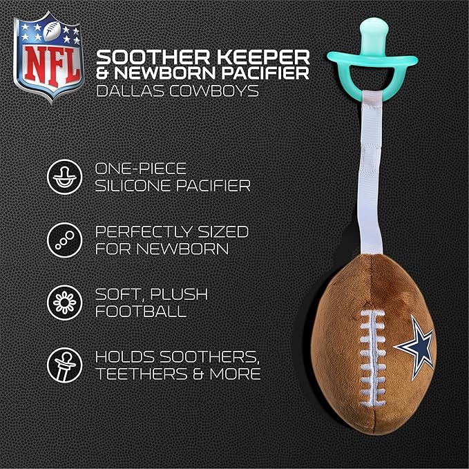 Dallas Cowboys Plush Football Pacifier Holder with Newborn Paci by Smilo - Officially Licensed NFL Soother Holder - Soft Plush Toy and Binky - Fits Any Pacifier - NFL Baby Essential
