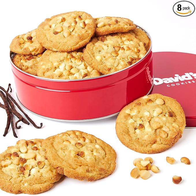 David's Cookies Fresh Baked Decadent Jumbo Vanilla Chip Macadamia Nut Cookies – 2lb Gift Basket Tin with 8 Large Vanilla Cookies – Bakery-Style Soft and Chewy Dessert for Birthdays, Special Occasions