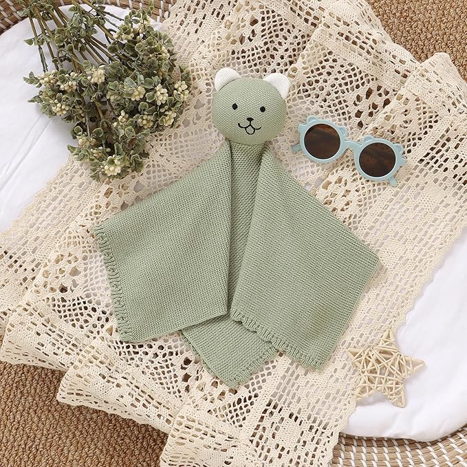 LAWKUL Baby Blanket Bear Lovey Soft Cuddly Security Blanket for Newborns Infants Boy Girl Knit Snuggle Comfort Green 16x16in