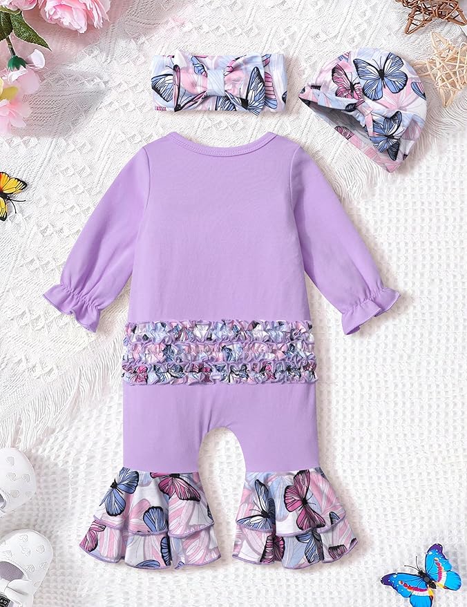 AGAPENG Newborn Girl Clothes Ruffle Letter Print Romper Infant Bell Bottom Jumpsuit Boho Baby Girl Clothes with Headband Hat