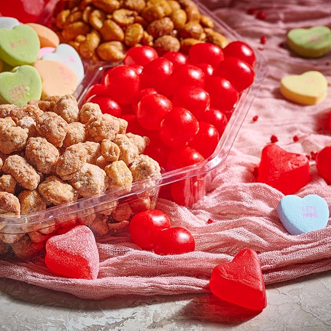 NUT CRAVINGS - Mixed Nuts & Heart Candy Gift Basket in Red Gold Box (7 Assortments, 1 LB) Food Arrangement, Healthy Snack Care Package, Food Assortments