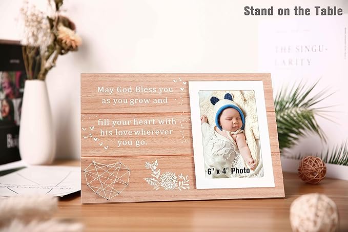 Baptism Gift for Godchild from Godparents-Christening Keepsake Gift-Unique Milestones Dedication Present for Godchild from Godmother Godfather-Wooden Picture Photo Frame-May God Bless You As You Grow