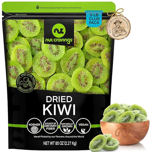 NUT CRAVINGS - Sun Dried Kiwi Slices, Lightly Sweetened (80oz, 5 LB, Bulk) Bulk Dry Fruits Packed Fresh in Resealable Bag - Sweet Healthy Snack, Naturally Grown, Vegan, Kosher