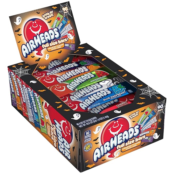 Airheads Sour Full-Sized Halloween Trick or Treat Taffy Candy Bars, Variety Mega Box, Assorted Flavors, Individually Wrapped Candy for Adults & Kids, Party Favors & Treat Bags, 90 Count