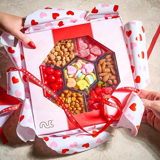 NUT CRAVINGS - Mixed Nuts & Heart Candy Gift Basket in Red Gold Box (7 Assortments, 1 LB) Food Arrangement, Healthy Snack Care Package, Food Assortments