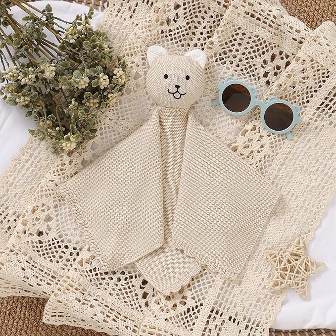 LAWKUL Baby Blanket Bear Lovey Soft Cuddly Security Blanket for Newborns Infants Boy Girl Knit Snuggle Comfort Camel 16x16in