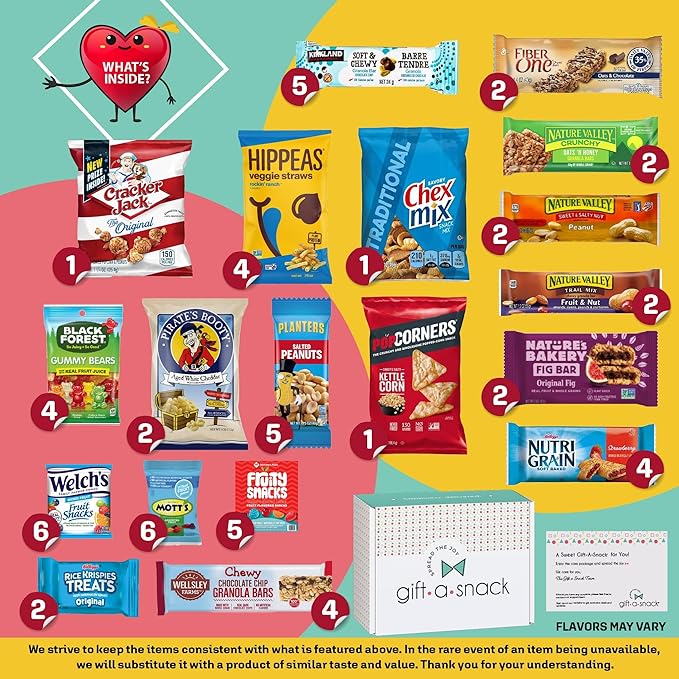 Gift A Snack - Back to School/Off to College Healthy Snack Box Care Package + Greeting Card (60 Count) Birthday Treats Gift Basket, Nutritious Granola Breakfast Bars, Office Food Assortments